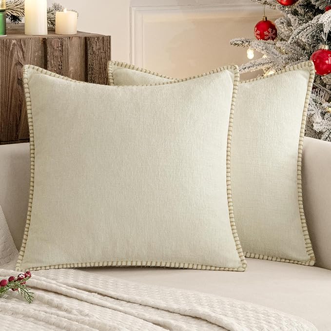 MIULEE Pack of 2 Christmas Pillow Covers 20x20 Inch Cream White Farmhouse Decorative Throw Pillow Covers with Stitched Edge Soft Chenille Solid Dyed Couch Pillow Covers for Sofa Bed Living Room