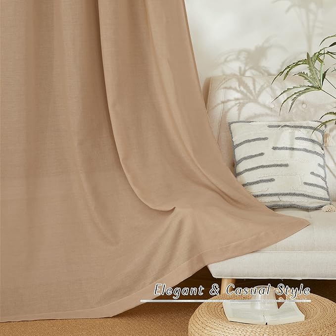 NICETOWN Linen Flax Semi Sheer Curtains 94" Length, Grommet Window Treatments Privacy Added with Light Penetration Vertical Drapes for Loft/Home Office, Camel, W55 x L94, 2 Panels