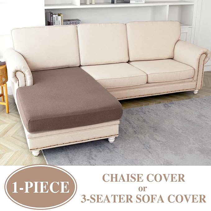 Couch Cushion Cover Chaise Lounge Cover Washable Separate Seat Chaise Couch Cover Stretch Sectional Sofa Slipcover(1 Piece for Chaise or Sofa 3-Seater, Khaki)