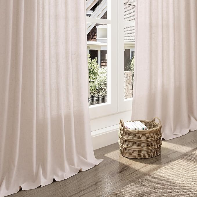 Nanspring Natural White Linen Curtains 102 Inches Long for Living Room Light Filtering Farmhouse Decor Curtains Back Tab Neutral Privacy Sheer Curtain for Bedroom Office 52x102, 2 Panels