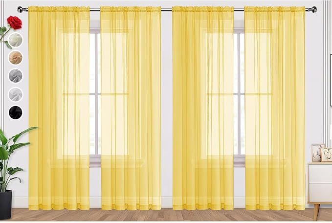 SpaceDresser Yellow Sheer Curtains 4 Panels Rod Pocket Semi-Sheer Curtain 72 Inches Long Light Filtering Voile Window Drapes for Bedroom Living Room Kitchen, Each 52W x 72L