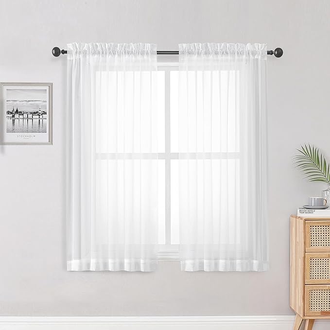 OWENIE Sheer Curtains, White Sheer Curtains 50 Inch Length 2 Panels Set, Rod Pocket Voile Fimly Sheer Drapes for Living Room Bedroom, 2pcs, White, Each 42" W x 50" L