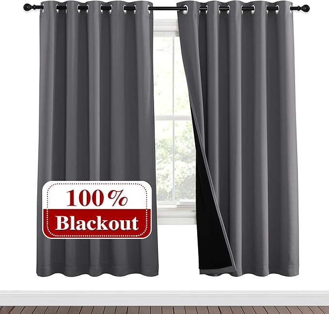 NICETOWN Grey Full Shade Curtain Panels, Pair of Energy Smart & Noise Blocking Out Blackout Drapes for Dining Room Window, Thermal Insulated Guest Room Lined Window Dressing(Gray, 62 x 72 inch)