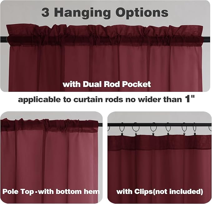 Chyhomenyc Burgundy Sheer Valances for Windows - Light Filtering Small Kitchen Curtains, Rod Pocket Short Top Window Treatment Decor for Living Room Bathroom Basement, 42Wx16L inches, 2 Panels