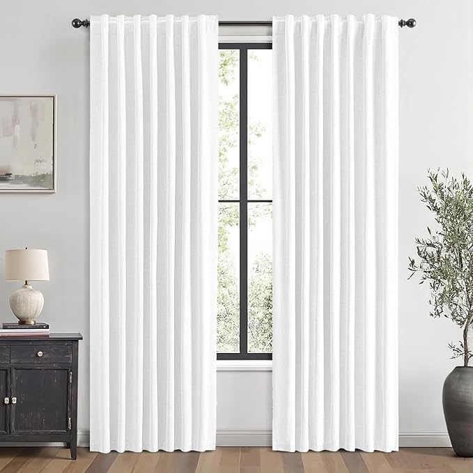 MIULEE 100% Blackout Linen Curtains for Bedroom, Bright White Solid Luxury Decor Thermal Insulation Room Darkening Drapes for Living Room Nursery Back Tab Rod Pocket 42 x 84 Inches, 2 Panels