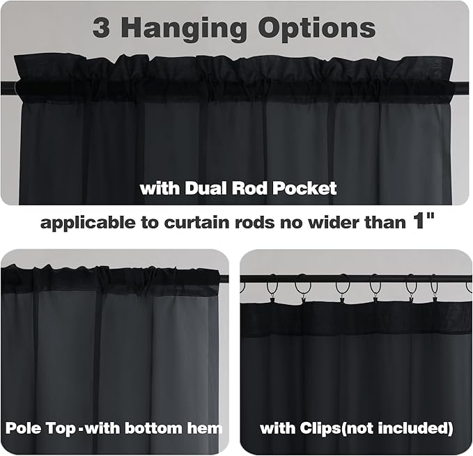 Chyhomenyc Sheer Curtains 36 Inch Length, Short Voile Sheer Window Curtians for Small Window Bathroom Cafe Living Room Farmhouse, 2PCS, 42W x 36L inches, Rod Pocket, Black