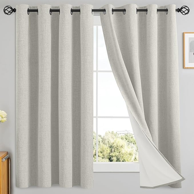 Yakamok Cream Linen Curtains 100% Blackout 63 Inches Long,Room Darkening Textured Curtains for Living Room Thermal Grommet Bedroom Curtain 2 Panels with Greyish White Liner