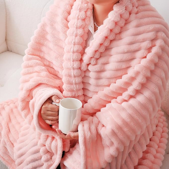 Light Pink Fleece Throw Blanket 60”×80” for Couch Sofa Bed,Super Soft Cozy Plush Microfiber Flannel Blanket with Stripes Design Lightweight for Adults,Woman,Girls