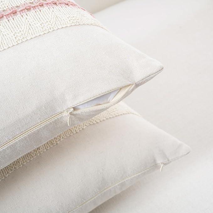 Fancy Homi Set of 1 Boho Pink Euro Decorative Throw Pillow Cover 26x26 Inch for Couch Bed Bedroom, Aesthetic Modern Organic Farmhouse Room Decor, Soft Cotton Accent Macrame Woven Cushion Case