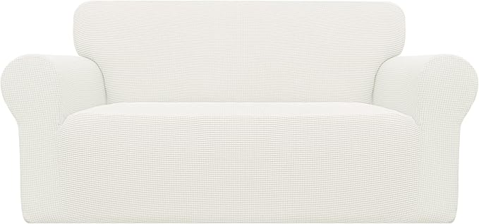 Easy-Going Stretch Loveseat Slipcover 1-Piece Sofa Cover Furniture Protector Couch Soft with Elastic Bottom for Kids Polyester Spandex Jacquard Fabric Small Checks (Loveseat, Cream)