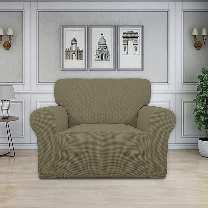 Easy-Going Stretch Oversized Chair Sofa Slipcover 1-Piece Couch Sofa Cover Furniture Protector Soft with Elastic Bottom for Kids Spandex Jacquard Fabric Small Checks Khaki