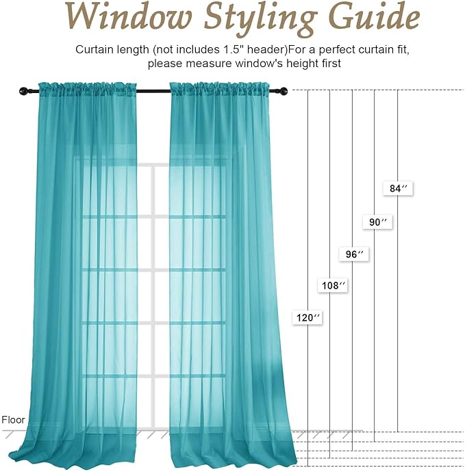 OVZME Turquoise Sheer Curtains 120 Inches Long 2 Panels Set, 59 Inch Extra Wide Soft Airy Lightweight Sheer Curtains for Living Room, Farmhouse Voile Filmy Rod Pocket Drapes, 59Wx120L Inches