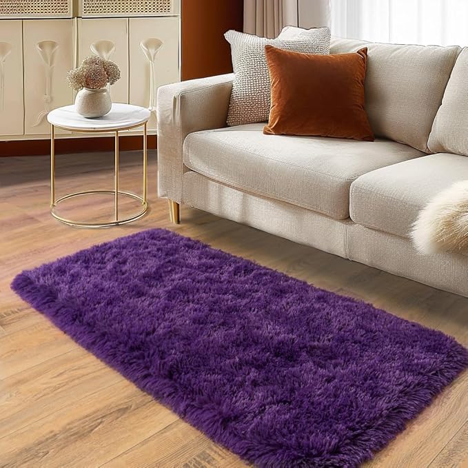 Soft Runner Rugs for Bedroom Hallways, 2x4 Purple Fluffy Shag Throw Area Rug Non Slip for Bedside Dorm, Long Shaggy Furry Carpet for Nursery Living Room