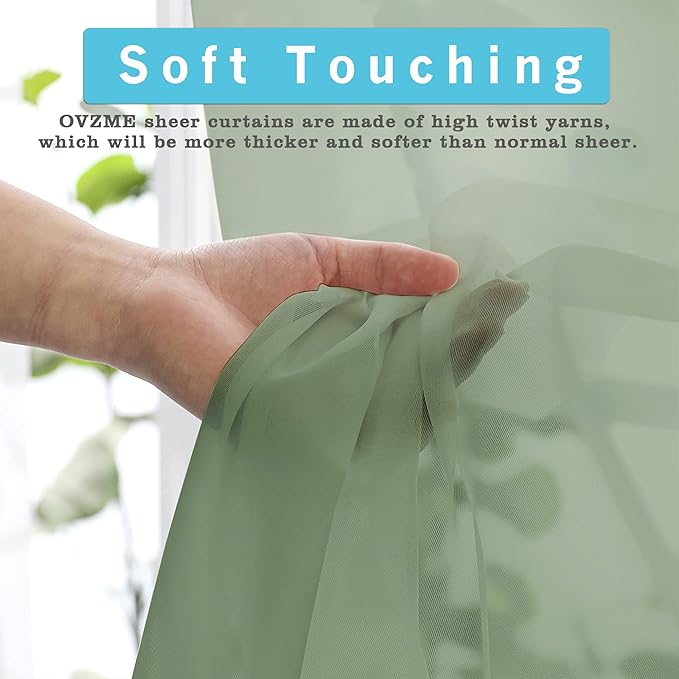 OVZME 2 Panels Sage Green Semi Sheer Valance - Short Fresh Curtain Valances for Windows, Basement, Kitchen Window, Dual Rod Pocket (Sage Green, 42 by 14 Inches Long)