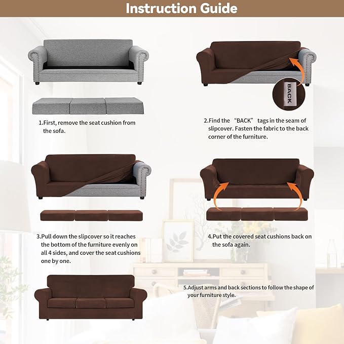 WEERRW 4 Pieces Velvet High Stretch Couch Covers for 3 Cushion Couch Sofa Slipcovers, Washable Furniture Protector with Non Slip Elastic Bottom, Feature Soft and Thick Plush Fabric, Chocolate, Large
