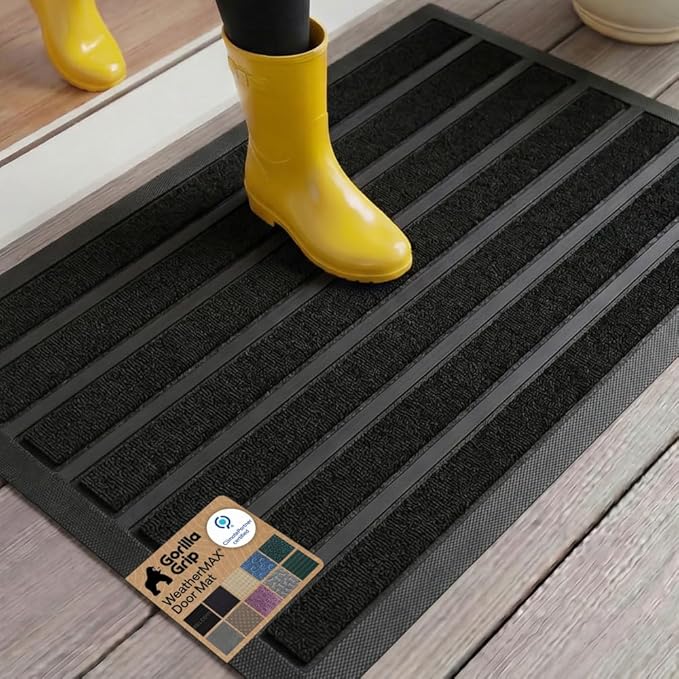 GORILLA GRIP 100% Waterproof All-Season WeatherMAX Doormat US Designed Natural Rubber, Stain and Fade Resistant, Low Profile Indoor Outdoor Door Mats, Easy Clean Patio Mat, 29x17, Black Stripe