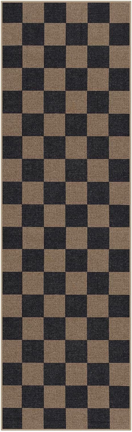 Lahome Colette Checkered Easy Jute 2x8 Runner Rug, Washable Kitchen Runner Rug Non Slip for Entryway Indoor, Checkerboard Black Indoor Outdoor Carpet for Hallway 8ft Entry Laundry Porch