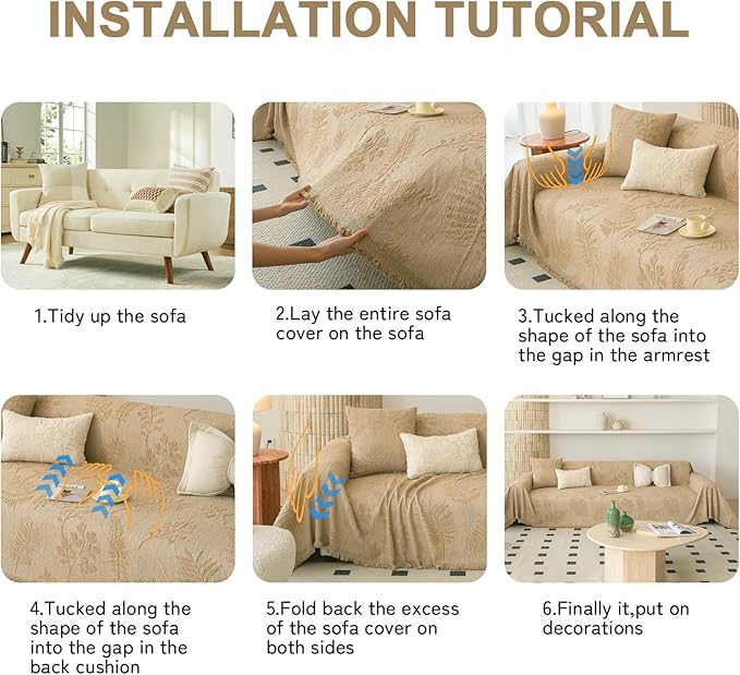 HANDONTIME Washable Couch Covers for Sofa Boho Couch Covers for 3 Cushion Sofa Pet Friendly Camel Chenille Jacquard Couch Protector for Dogs Plant Branch Sectional Cover Sofa Slipcovers, 71" X 118"