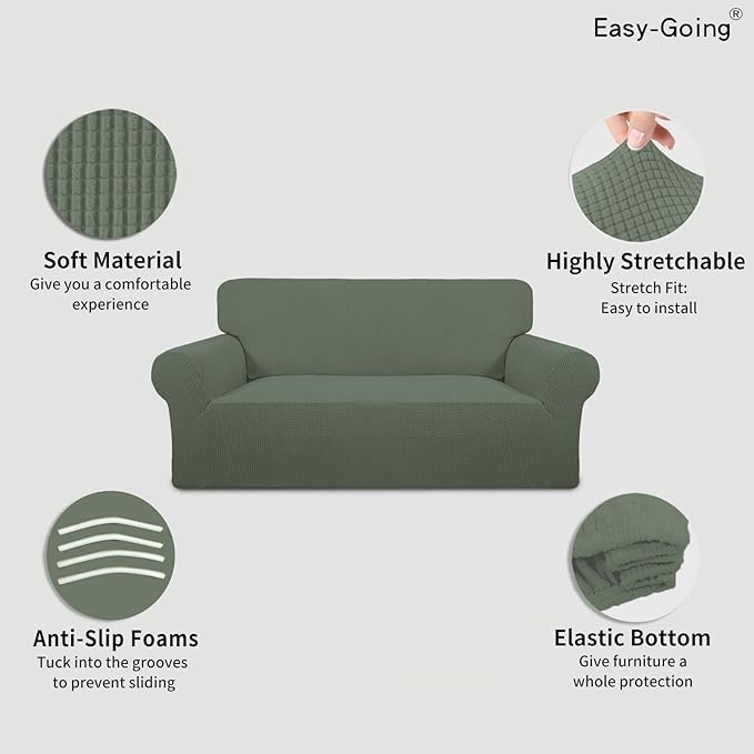Easy-Going Stretch Oversized Loveseat Slipcover 1-Piece Sofa Cover Furniture Protector Couch Soft with Elastic Bottom for Kids Polyester Spandex Jacquard Fabric Small Checks Greyish Green
