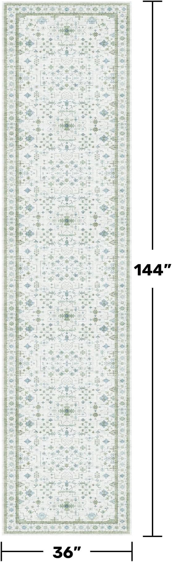 Hazo Haus Oushak 3x12 Wide Hallway Runner Rug - Vintage Turkish Floral, Washable Low Pile Non Slip 12ft Long Runners for Large Kitchen, Hall Way - Light Blue and Green