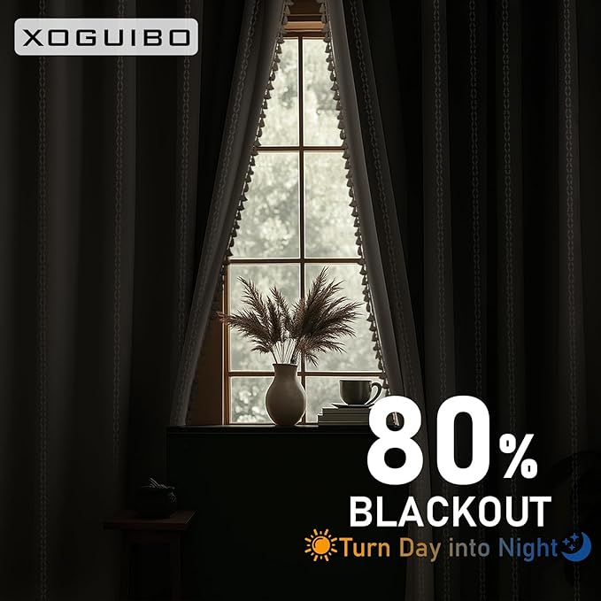 Boho 80% Blackout Curtains with Gray Liner 96 Inches Long 2 Panels Set, Beige Linen Blend Drapes with Tassels and Cotton Embroidered for Living Room Bedroom