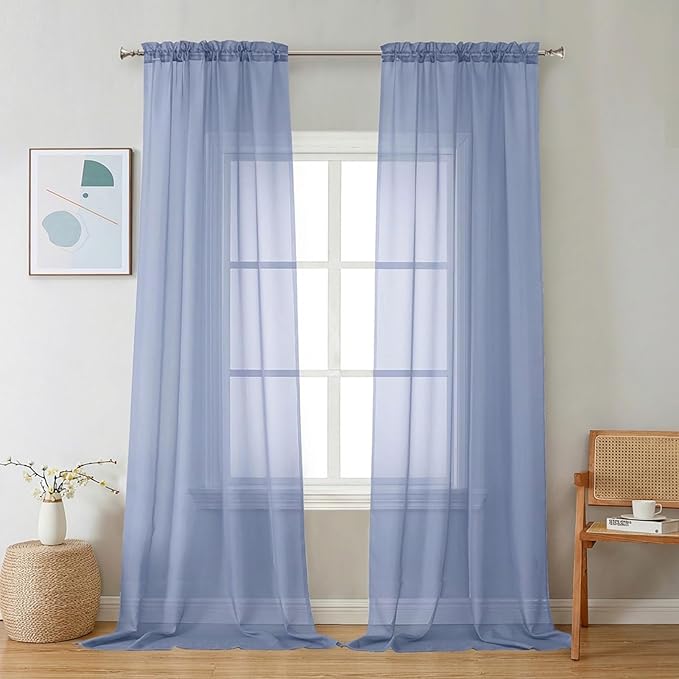 Chyhomenyc Sheer Curtains 96 inches Long 2 Panels - Light Filtering Soft Airy Solid Elegant Voile Window Treatment Drapes for Bedroom Living Room, 42Wx96L, 8FT, Denim Blue