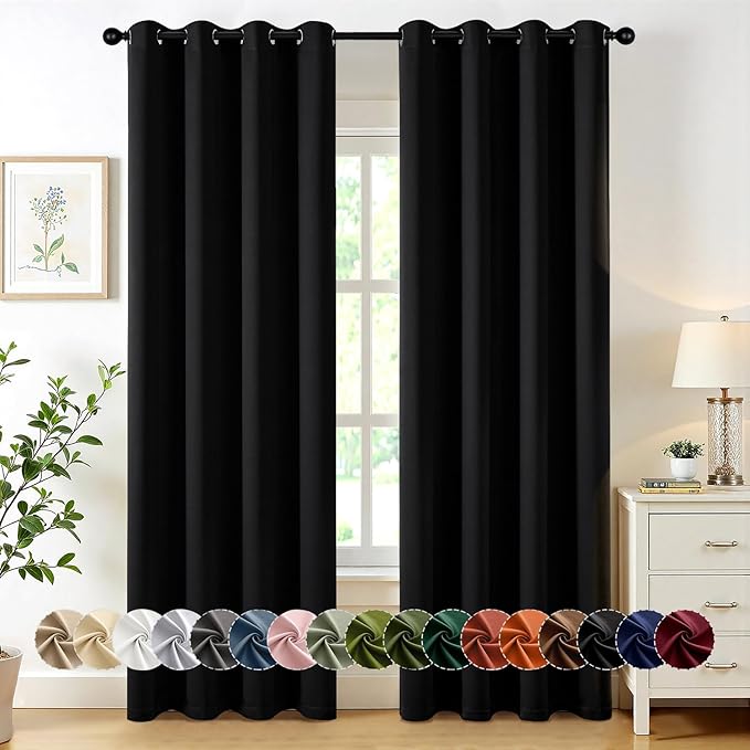 MIULEE Black Blackout Curtains for Bedroom Living Room 84 Inches Long 2 Panels, Thermal Insulated Room Darkening Drapes Solid Grommet Noise Reduction Light Blocking Window Treatments 50x84 Inch