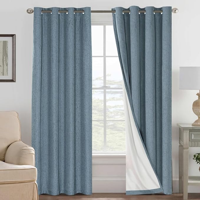 H.VERSAILTEX Linen Curtains 100% Blackout Curtains for Bedroom 102 inch Long Full Light Blocking Nature Linen Blended Window Curtains for Living Room Nickel Grommet (2 Panels, Stone Blue)