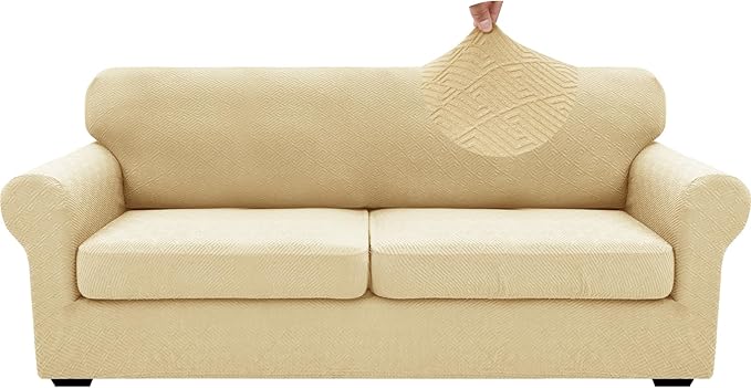 XINEAGE 2026 New 3 Pieces Couch Covers for 2 Extra Large Cushion Sofa Super Stretch Sofa Cover for 2 Large Seat Cushion Universal Loveseat Slip Cover for Living Room (Beige), 71"-91"(2 Cushions)