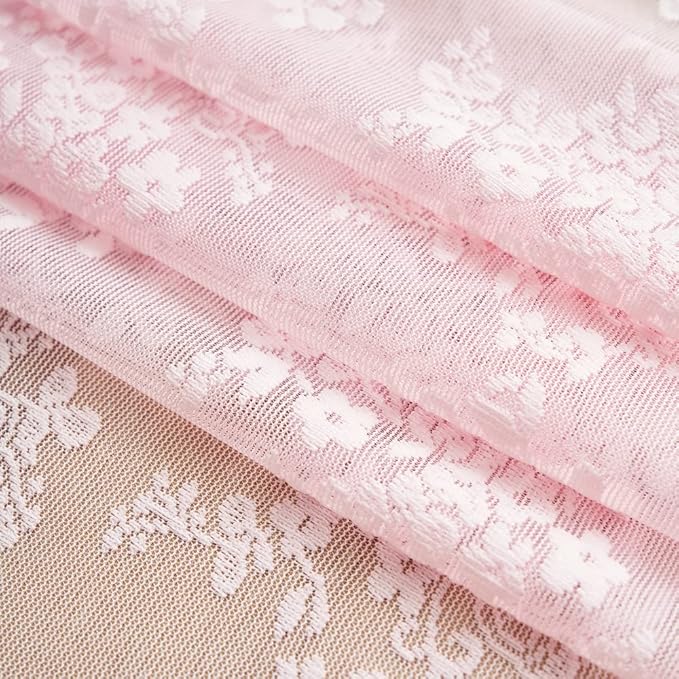 YJ YANJUN Vintage Lace Curtains 63 Inches Length- Cute Sheer Pink Curtains for Girls Bedroom Light Pink Floral Short Window Drapes Princess Girls Room Coquette Decor 2 Panels 52 x63 Inch