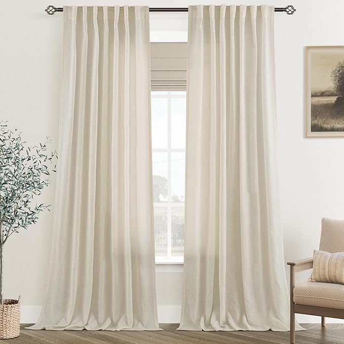 Faux Linen Beige Curtains 132 inches Long for Living Room Rustic Farmhouse Linen Drapes Semi Sheer Burlap Textured Canvas Cloth Curtain Panels Set of 2 Kahki Tan Colored