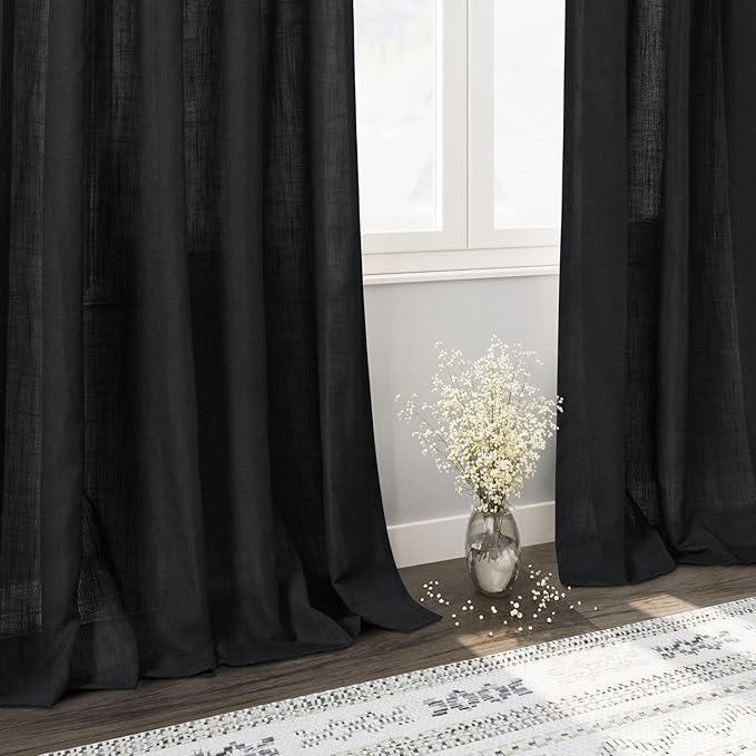 Nanspring Linen Curtains 84 Inch Length for Living Room Bedroom Black Simple Modern Semi Sheer Curtains Set Back Tab Rod Pocket Cotton Textured Privacy Drapes 60x84, 2 Panels