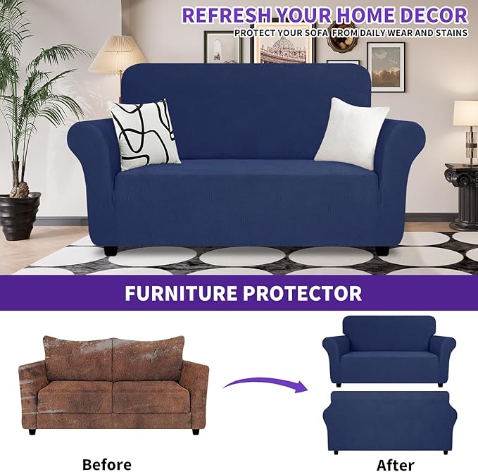 ZNSAYOTX Super Stretch Loveseat Covers (57"-70"), New Striped Love Seat Slipcover, Dogs Pet Friendly Anti-Slip Couch Protector Spandex Durable 2 Seater Fabric Sofa Cover (Navy Blue, Loveseat)