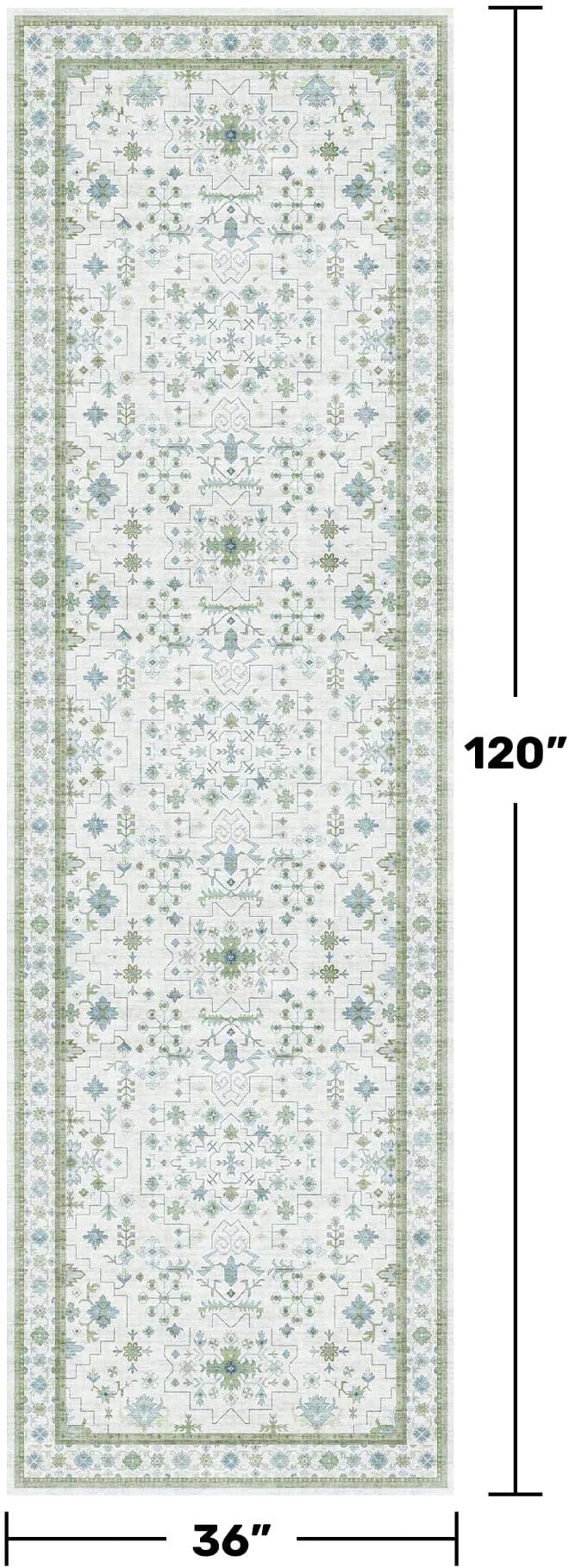 Hazo Haus Oushak 3x10 Wide Hallway Runner Rug - Vintage Turkish Floral, Washable Low Pile Non Slip 10ft Long Runners for Kitchen, Hall Way - Light Blue and Green