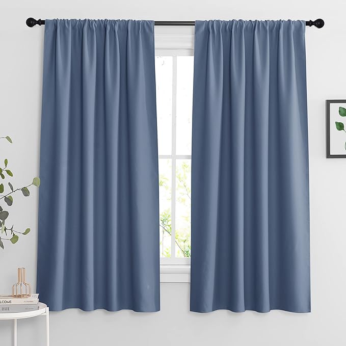 RYB HOME Blackout Curtains for Bedroom Living Room 63 inches Long, Thermal Insulated Privacy Rod Pocket Drapes for Nursery Office Home Theater, Width 42 by Length 63, Stone Blue, 2 Panels