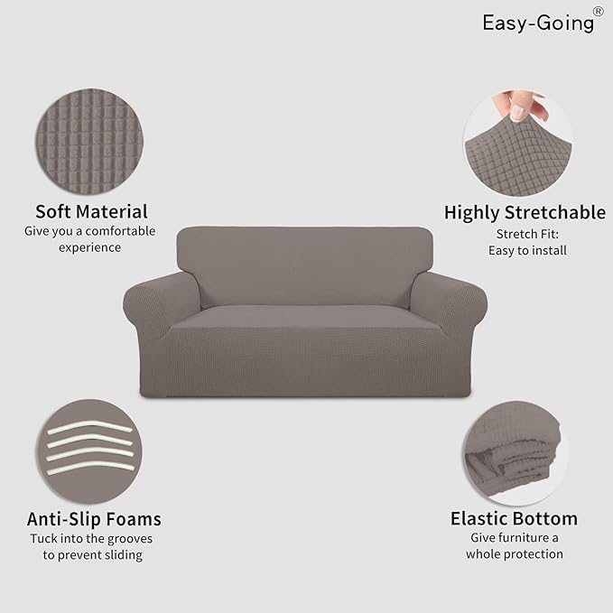 Easy-Going Stretch Oversized Loveseat Slipcover 1-Piece Sofa Cover Furniture Protector Couch Soft with Elastic Bottom for Kids Polyester Spandex Jacquard Fabric Small Checks Taupe