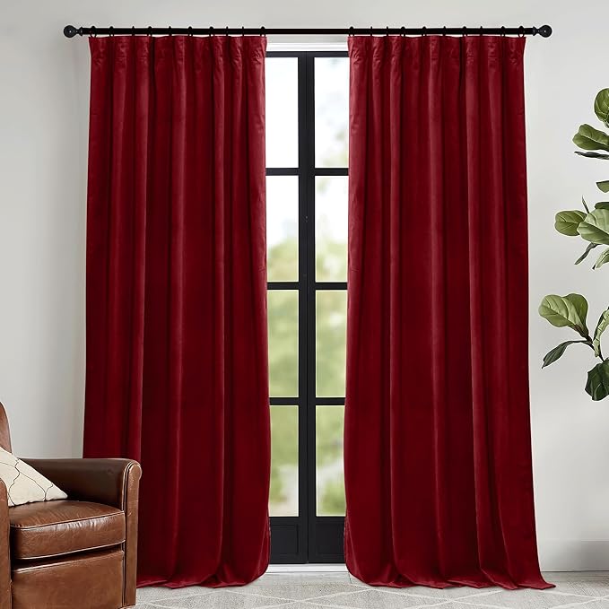 RYB HOME Red Velvet Curtains 84 inches- Room Darkening Curtains Heavy Duty Christmas Backdrops Window Drapes for Living Room Stage Party Decor, Width 52 x Length 96 inch, Red, 2 Panels