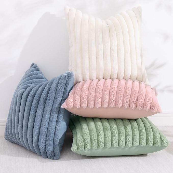 decorUhome Cozy Faux Fur Throw Pillow Covers 26x26 Set of 2 Decorative Soft Plush Striped Modern Farmhouse Boho Couch Euro Sham Pillow Cases with Velvet Back for Sofa Bed Living Room, Grey Blue