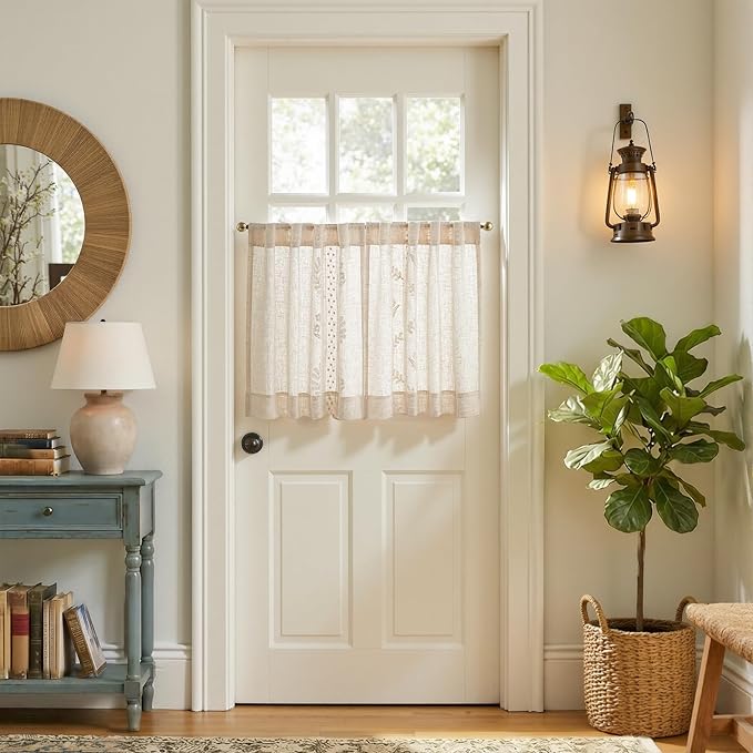 jinchan Belrose Linen Floral Kitchen Curtains 24 inch Length Embroidered Farmhouse Cafe Curtains for Living Room Bathroom Small Windows Curtain Set Sheer Light Filtering 2 Panels Ivory