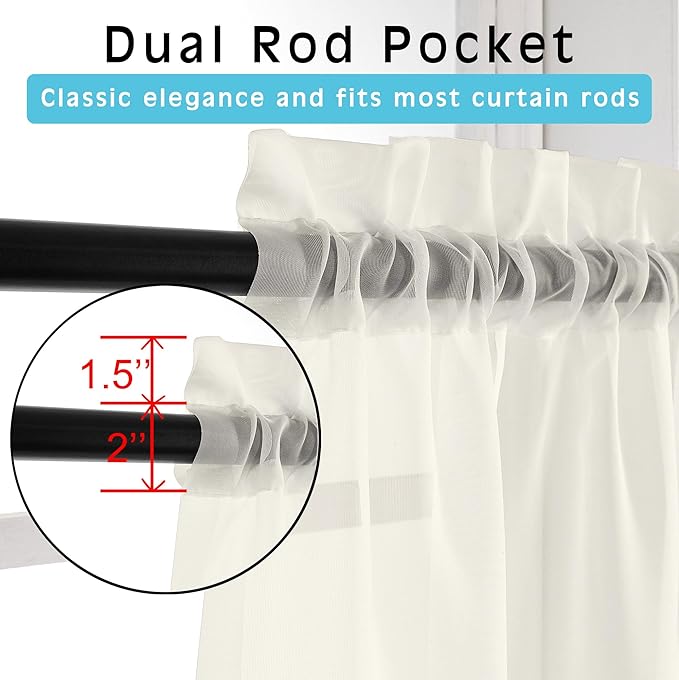 OVZME Sheer Ivory Curtains 108" Inch Length 2 Panels Set, Light Filtering Soft Rod Pocket Voile Drapes for Living Room/Bedroom, Each 42" W x 108" L