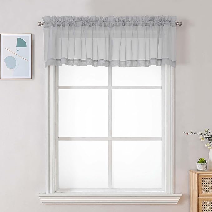 Chyhomenyc Light Grey Sheer Valances for Windows - Light Filtering Small Kitchen Curtains, Rod Pocket Short Top Window Treatment Decor for Living Room Bathroom Basement, 42Wx16L inches, 2 Panels