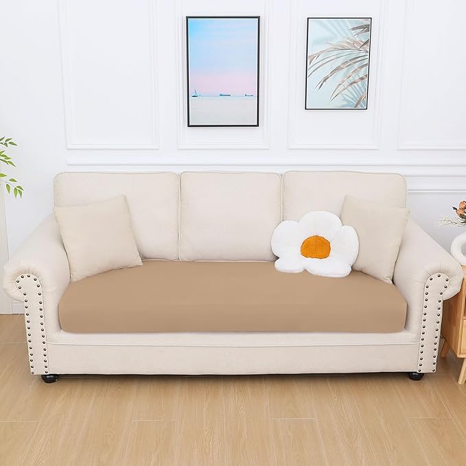 hyha Milk Silk Couch Cushion Covers, Soft Magic Sofa Covers Washable for 3 Cushion Couch, Stretch Sectional Outdoor Cushion Covers for Patio Furniture with Elastic Bottom(Large, Camel)