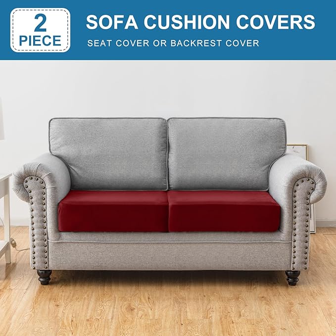 Couch Cover Stretch Velvet Sofa Cushion Cover 2-Piece - Elastic Washable Slipcover for Seat or Backrest, Couch Seat Covers for Sofas (Christmas Red)