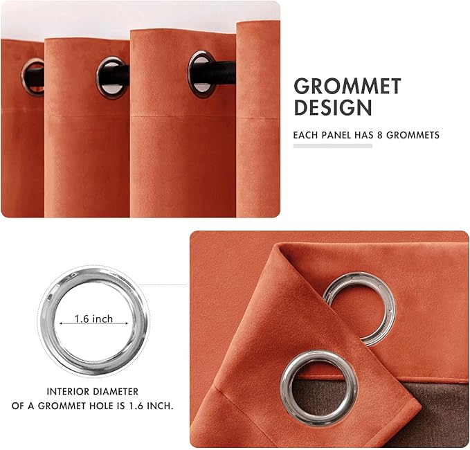 MIULEE 96 Inch Length Velvet Curtains for Fall Elegant Long Grommet Burnt Orange Thermal Insulated Soundproof Room Darkening Rust Terracotta Black Out Drapes for Living Room Bedroom Decor Set of 2