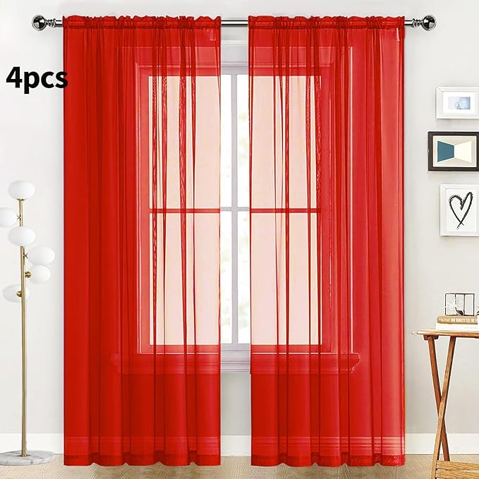 SpaceDresser Sheer Red Curtains 4 Panels Rod Pocket Semi-Sheer Curtain 72 Inches Long Light Filtering Voile Window Drapes for Bedroom Living Room Kitchen, Each 52W x 72L