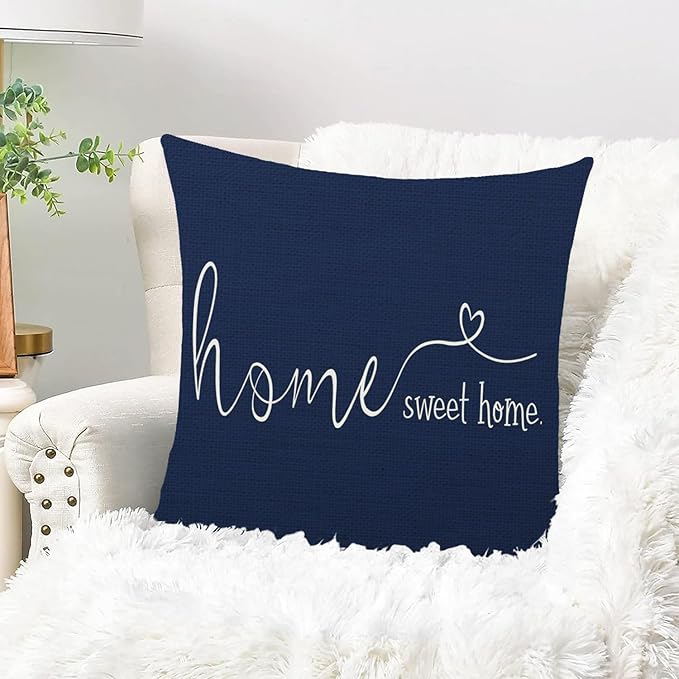 MFGNEH Home Sweet Home Quotes Farmhouse Pillow Covers 18x18 Inch,Farmhouse Decorative Lumbar Throw Pillow Case Cushion Cover,Housewarming Gift,Blue
