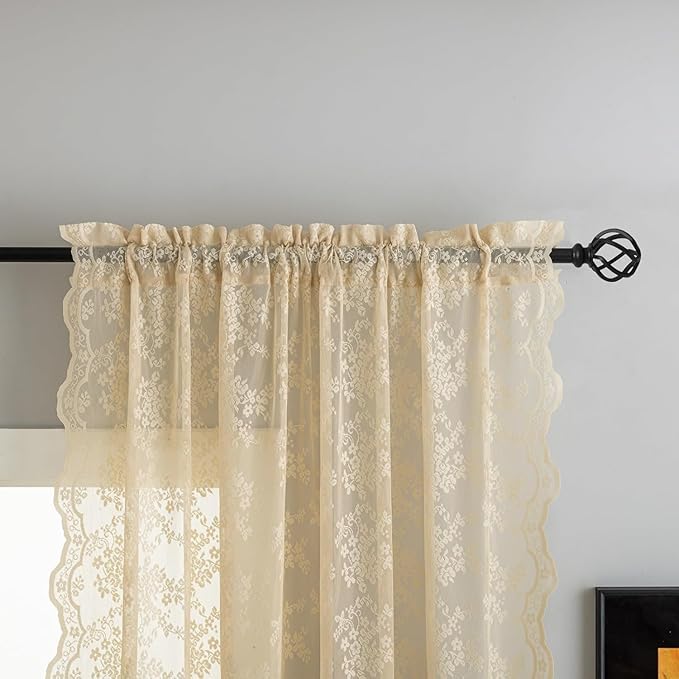 YJ YANJUN Vintage Lace Curtains 108 Inches Long-Victorian Floral Beige Sheer Curtains for Living Room Bedroom Light Filtering Drapes Antique Shabby Chic Cottage Core Decor 9ft W52 X L108 Light Brown