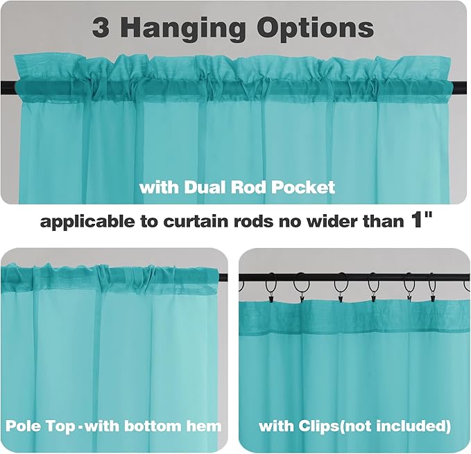 Chyhomenyc Turquoise Sheer Curtains 36 inch Length 2 Panels, Light Filtering Voile Rod Pocket Short Window Curtians for Bathroom Living Room Farmhouse Small Windows, 42Wx36L inches