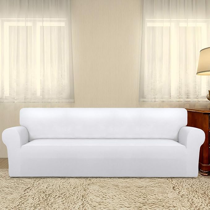 PureFit Super Stretch 4 Seater Sofa Slipcover – Spandex Non Slip Soft Couch Sofa Cover, Washable Furniture Protector with Non Skid Foam and Elastic Bottom for Kids, Pets （XX Large, White）