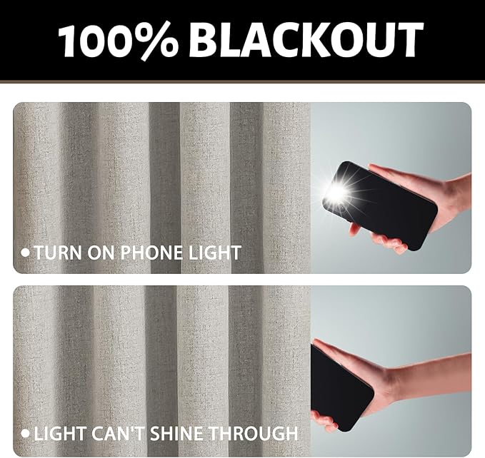 Yakamok Oatmeal Linen Curtains 100% Blackout 63 Inches Long,Room Darkening Textured Curtains for Living Room Thermal Grommet Bedroom Curtains 2 Panels with White Liner